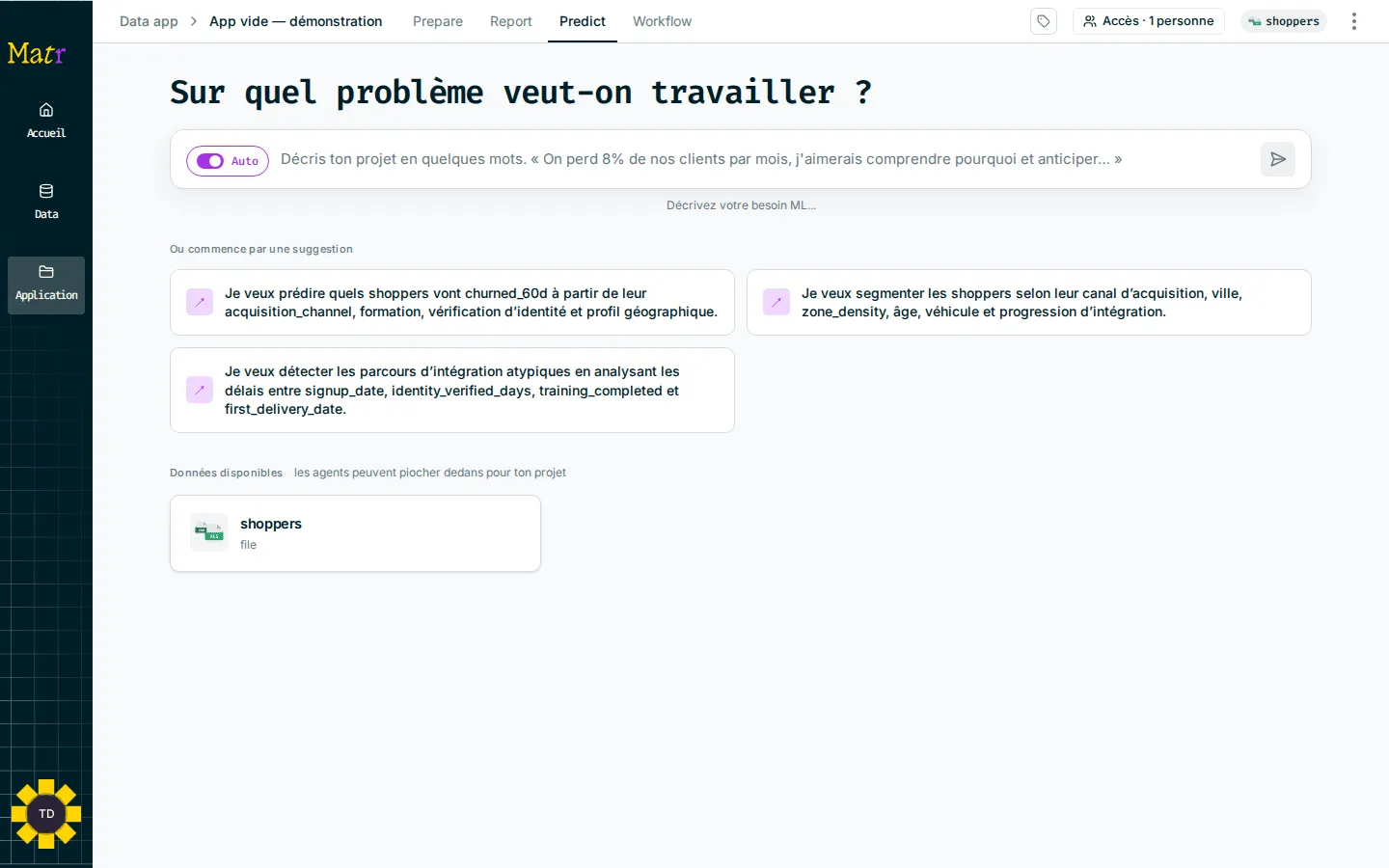 Page d’accueil de Predict avec le champ de saisie, la pastille Auto, les suggestions et Données disponibles