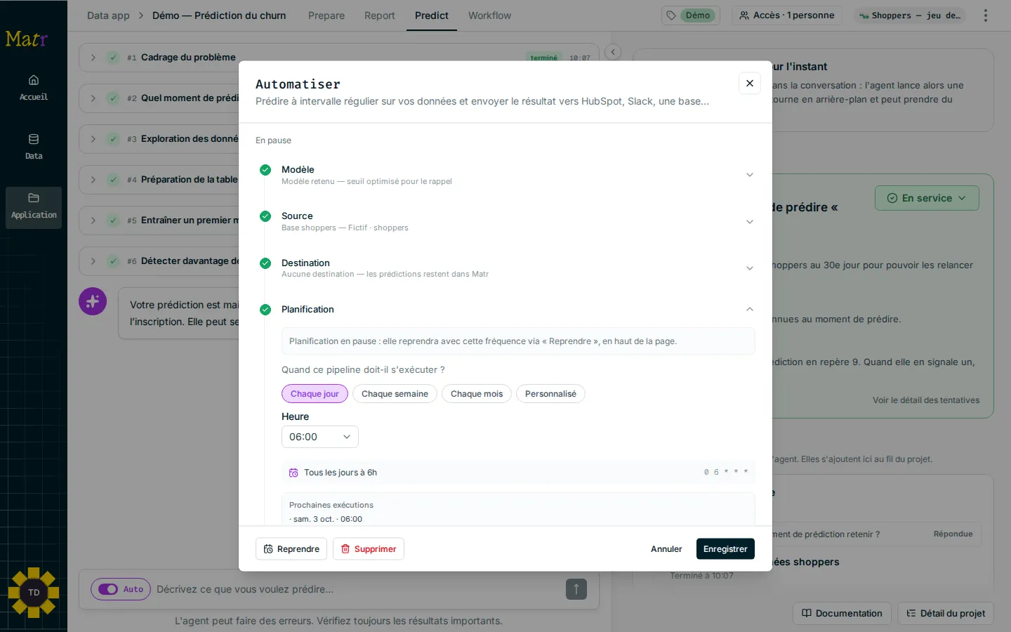 Fenêtre Automatiser avec les sections Modèle, Source, Destination et Planification
