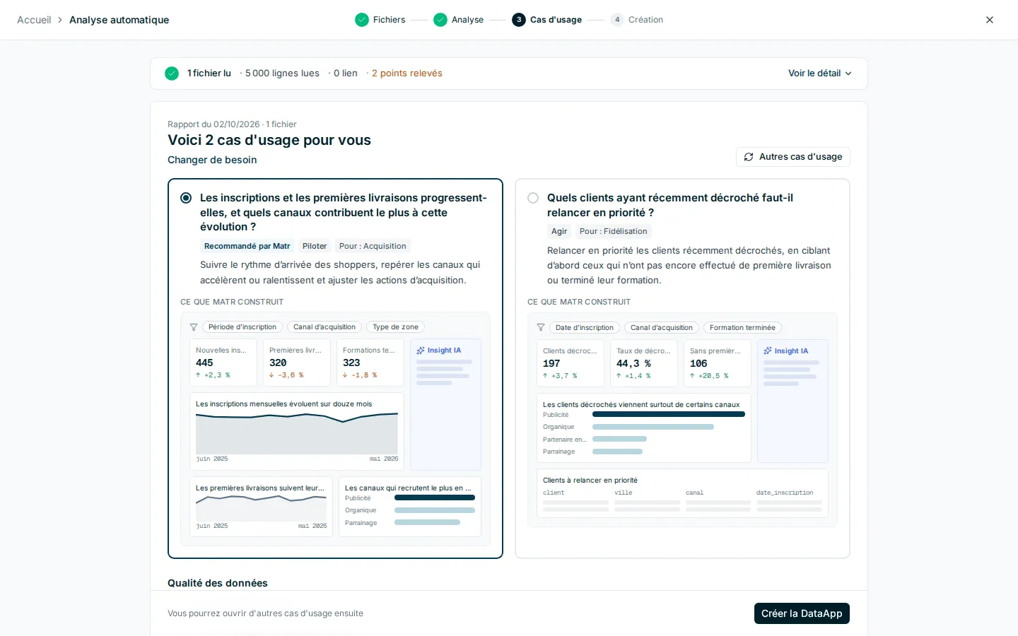 Deux cartes de cas d’usage, la première avec le badge Recommandé par Matr, et le bouton Créer la DataApp