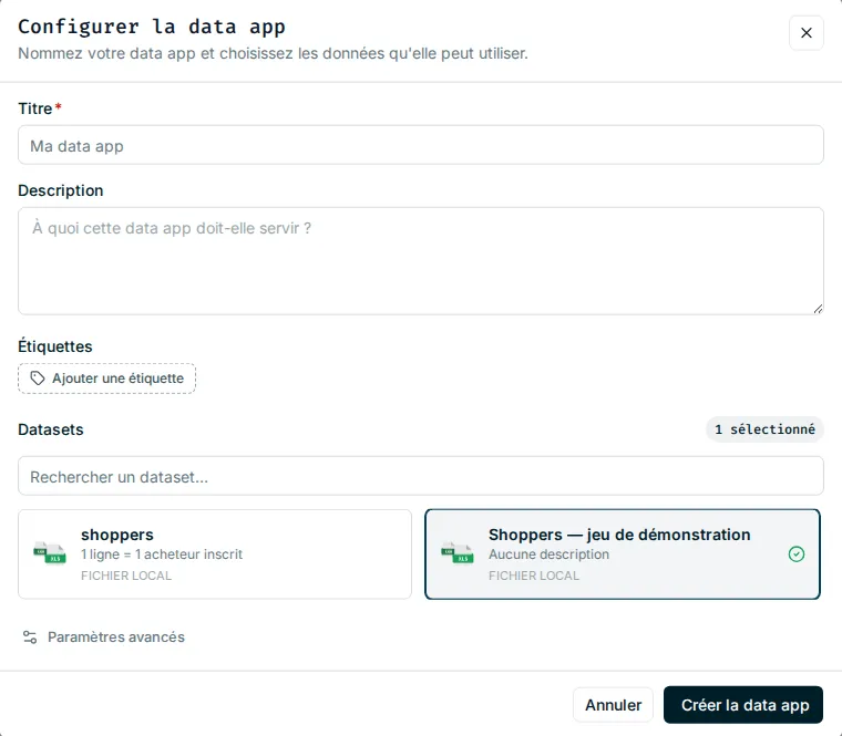 Fenêtre Configurer la data app avec un dataset sélectionné