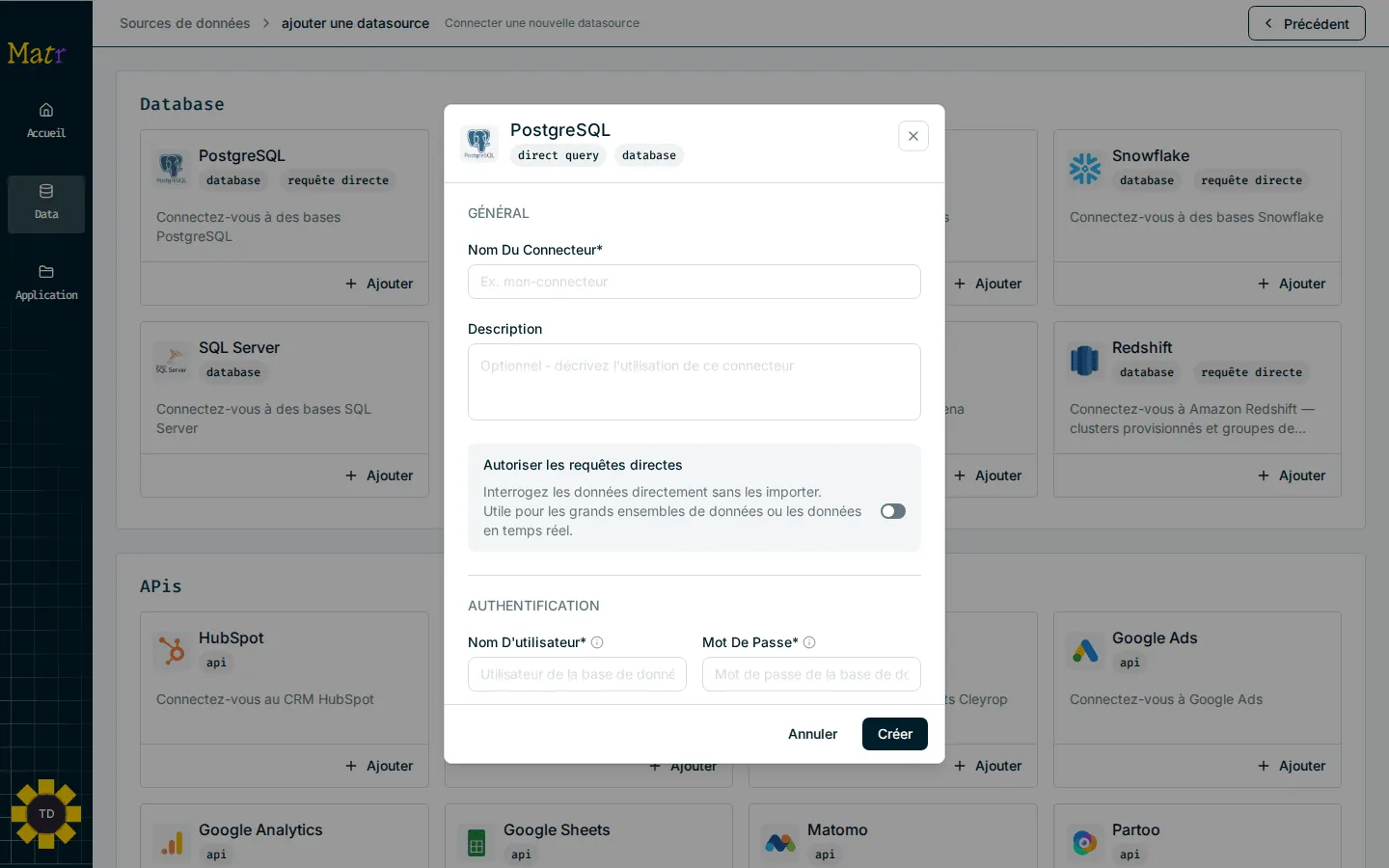 Fenêtre de création d’un connecteur PostgreSQL