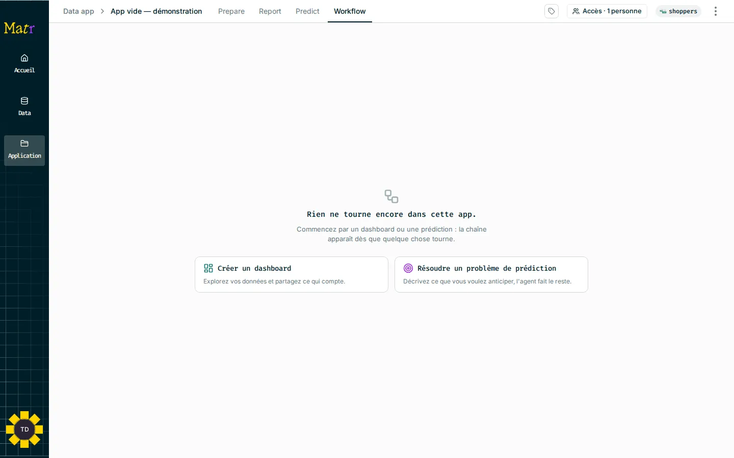 Onglet Workflow vide avec Rien ne tourne encore dans cette app et deux cartes