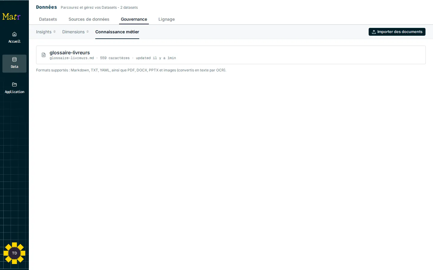 Gouvernance, Connaissance métier avec un document importé et le bouton Importer des documents