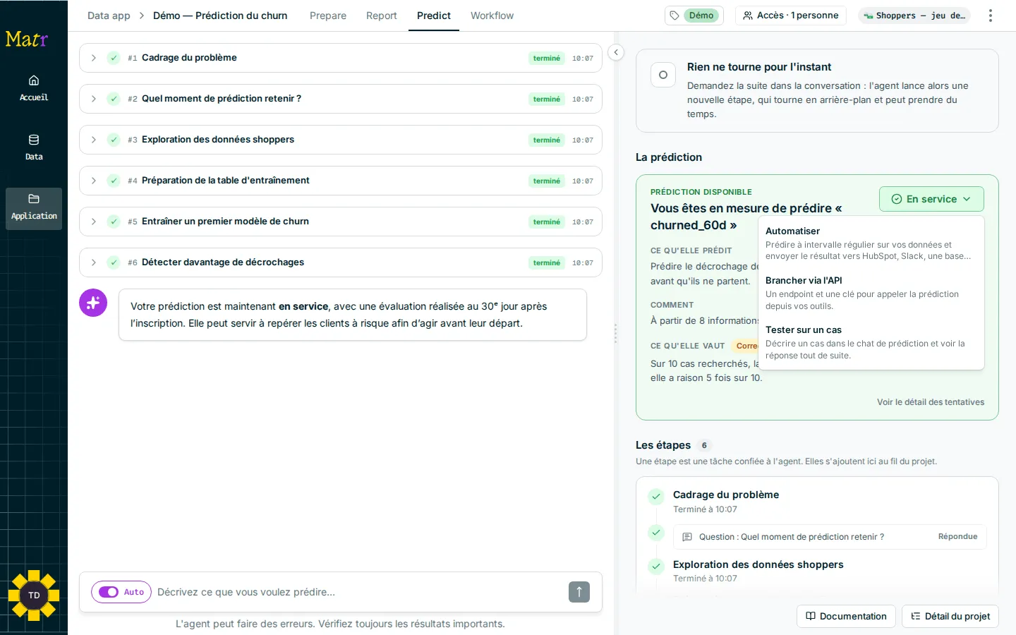 Menu de la carte La prédiction avec Automatiser, Brancher via l’API et Tester sur un cas