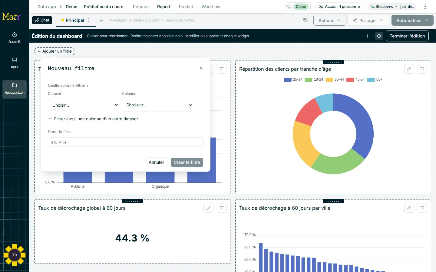 Panneau Nouveau filtre avec Dataset, Colonne et Nom du filtre