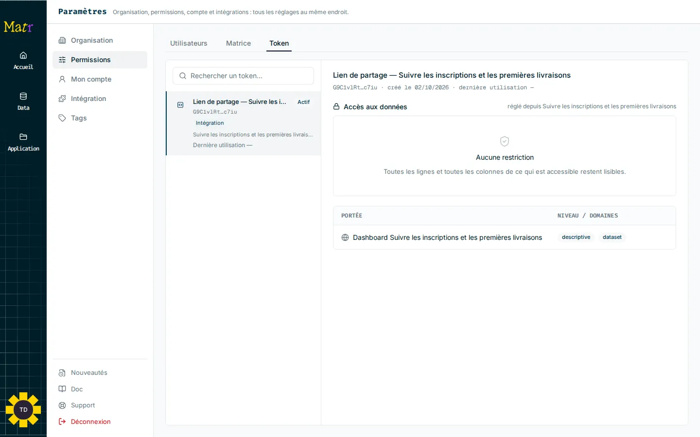 Onglet Token avec un lien de partage sélectionné et le détail de ses accès