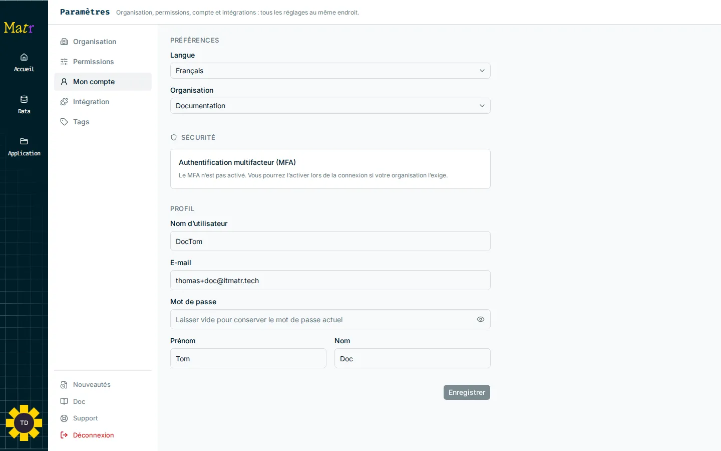 Page Paramètres ouverte sur la section Mon compte
