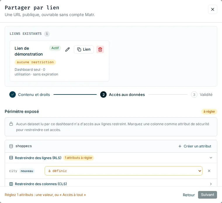 Partage par lien, étape Accès aux données avec un attribut à régler