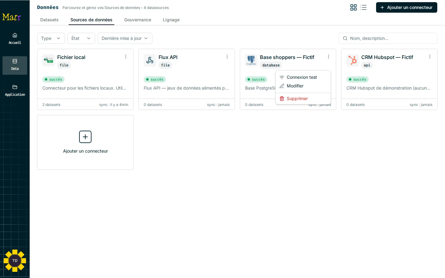 Onglet Sources de données avec le menu ⋮ d’un connecteur ouvert