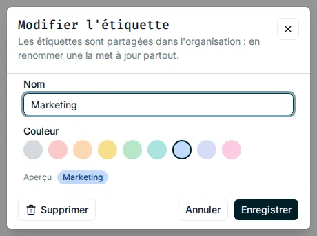 Fenêtre Modifier l’étiquette avec le nom, la couleur et l’aperçu