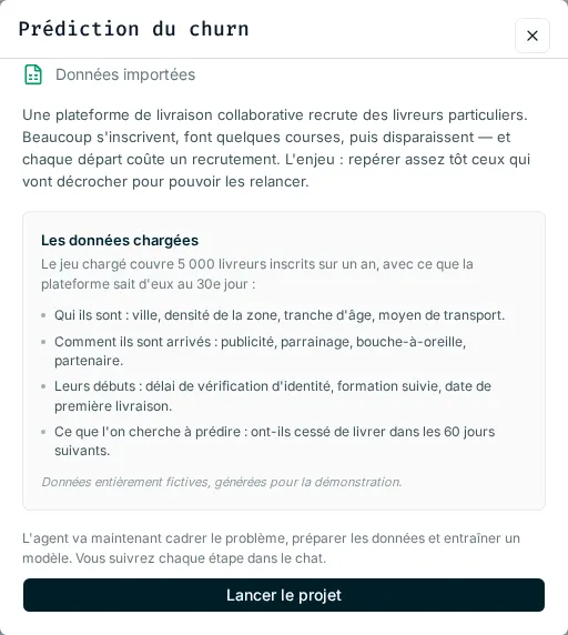 Fenêtre du template Prédiction du churn avec le scénario, Les données chargées et le bouton Lancer le projet