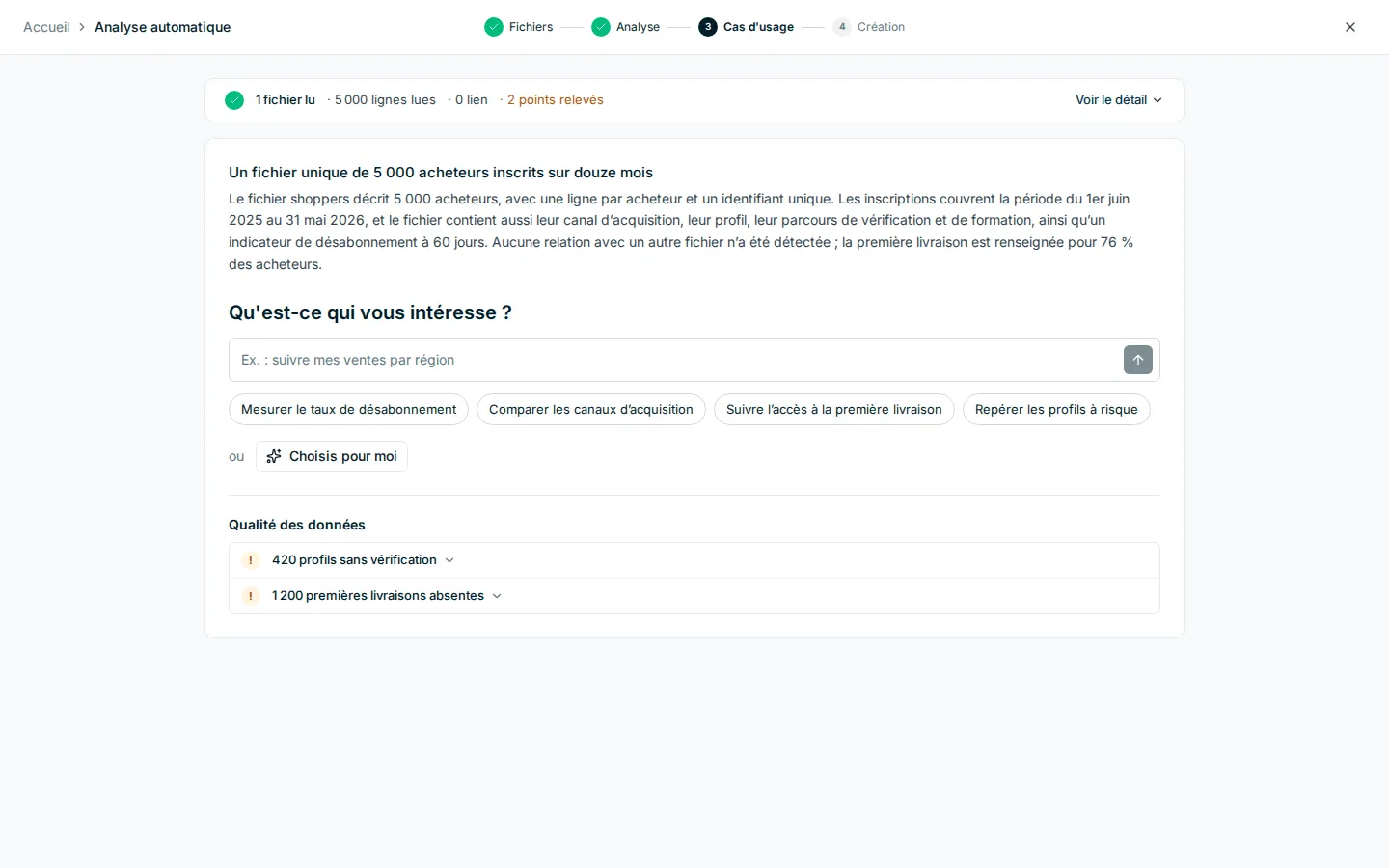 Parcours Démarrer avec vos données : synthèse, question « Qu’est-ce qui vous intéresse ? », besoins suggérés, Choisis pour moi et bloc Qualité des données